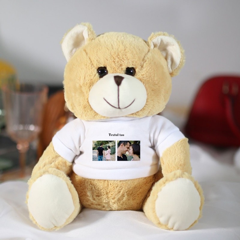Urs teddy personalizat cu 2 poze patrate si textul tau, 30x24 cm