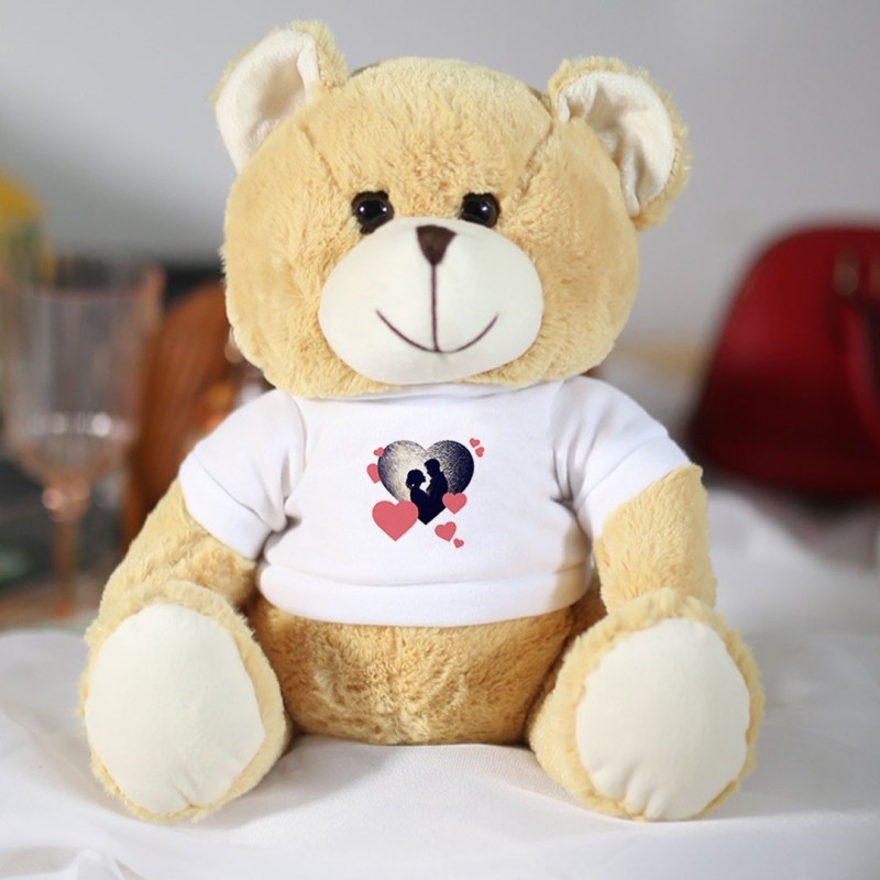 Urs teddy personalizat cu grafica inimi rosii si poza ta in forma de inima, 30x24 cm
