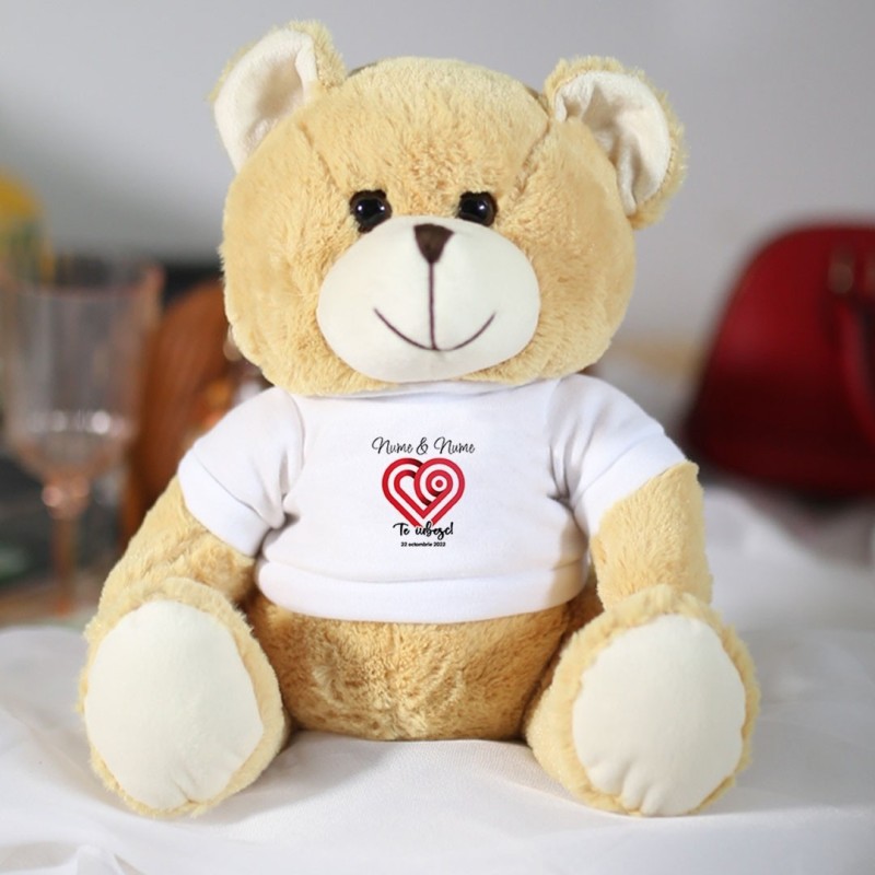 Urs teddy personalizat cu inima, nume, data si textul "Te iubesc!", 30x24 cm