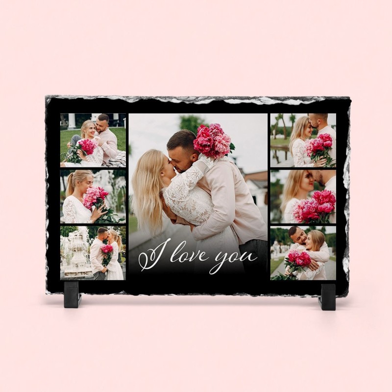 Placa ardezie personalizata "I Love You" si 7 poze, 30x20 cm