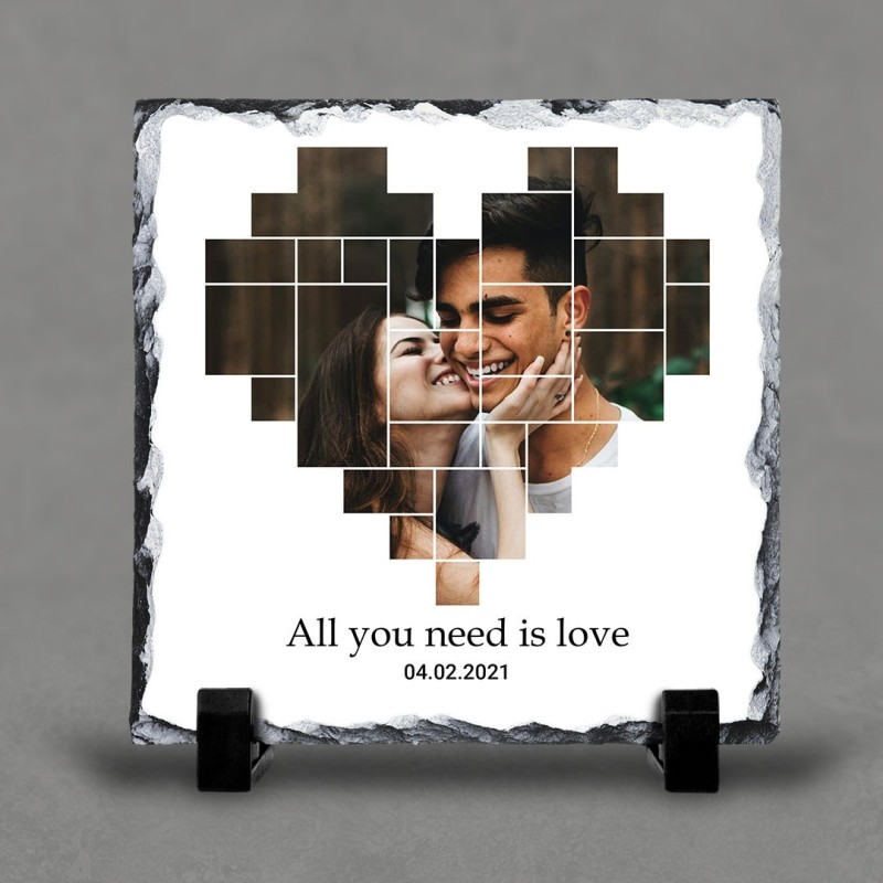 Placa ardezie patrata personalizata "All you need is love", poza si data, 20x20cm
