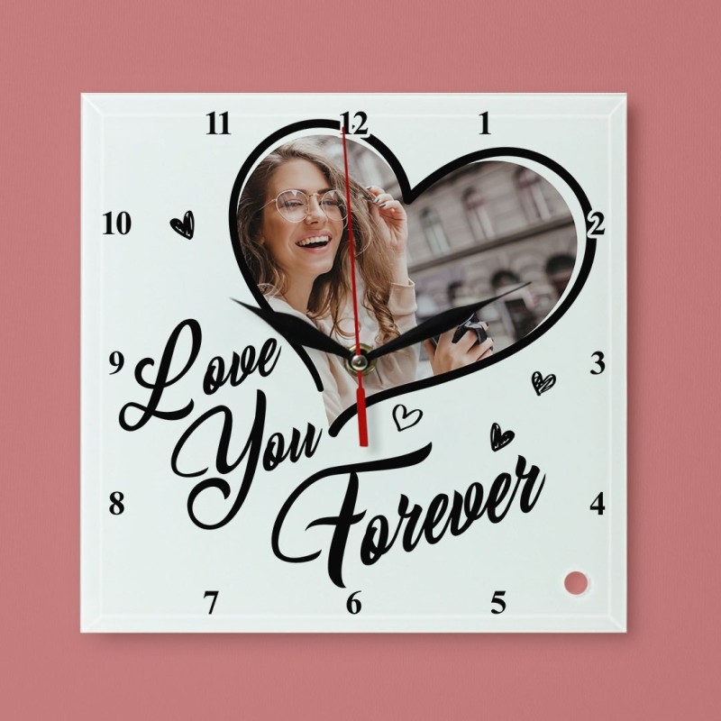 Ceas de perete patrat personalizat "Love you forever" si poza in forma de inima