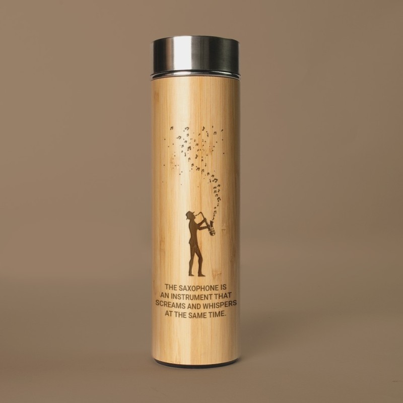 Termos personalizat cu grafica muzicieni "Saxofon" si mesaj, bambus, 500 ml