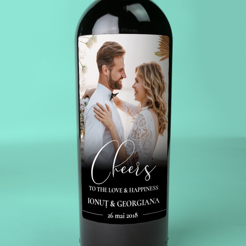Vin personalizat "Cheers to the love & Happiness" cu poza, nume si data - 0.75l
