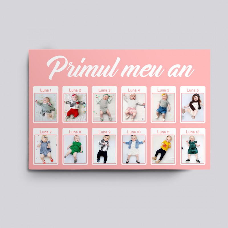 Tablou canvas personalizat pentru fete cu fundal roz primele 12 luni