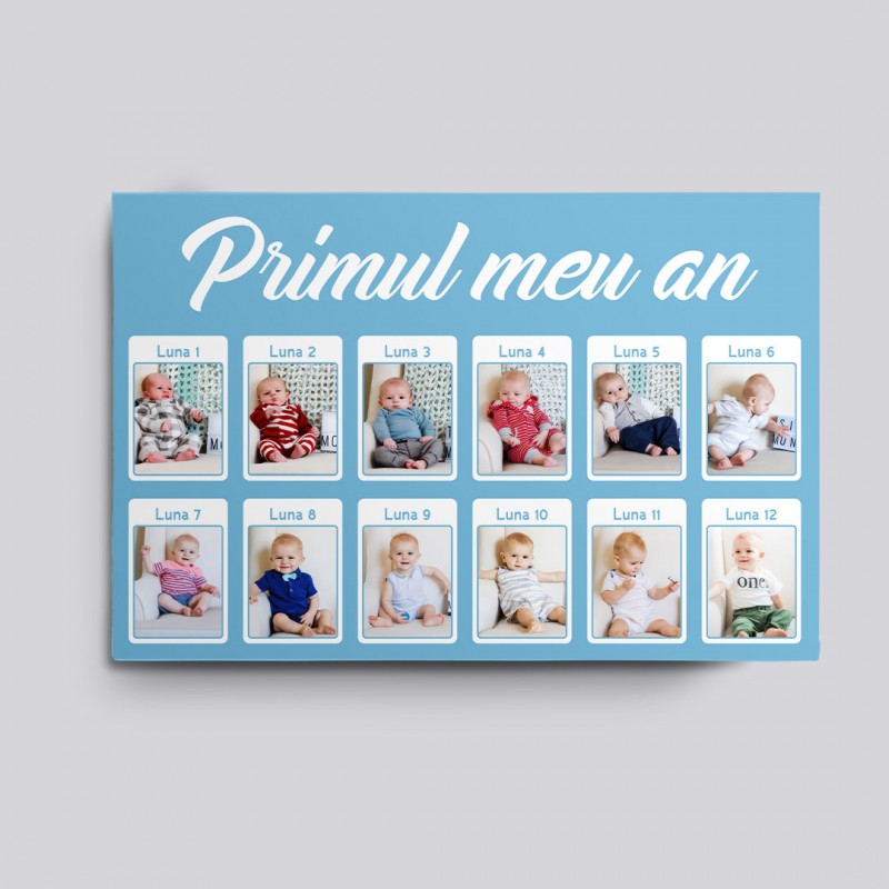 Tablou canvas personalizat pentru baieti cu fundal albastru primele 12 luni