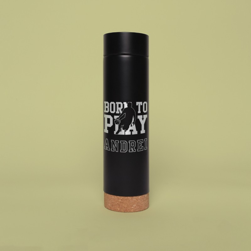 Termos negru personalizat pentru baschetbalisti "Born to play" si nume